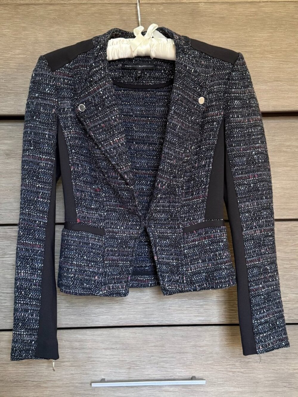 WHBM Navy Multicolor Tweed Ponte Panel Moto Peplum Jacket Size 00